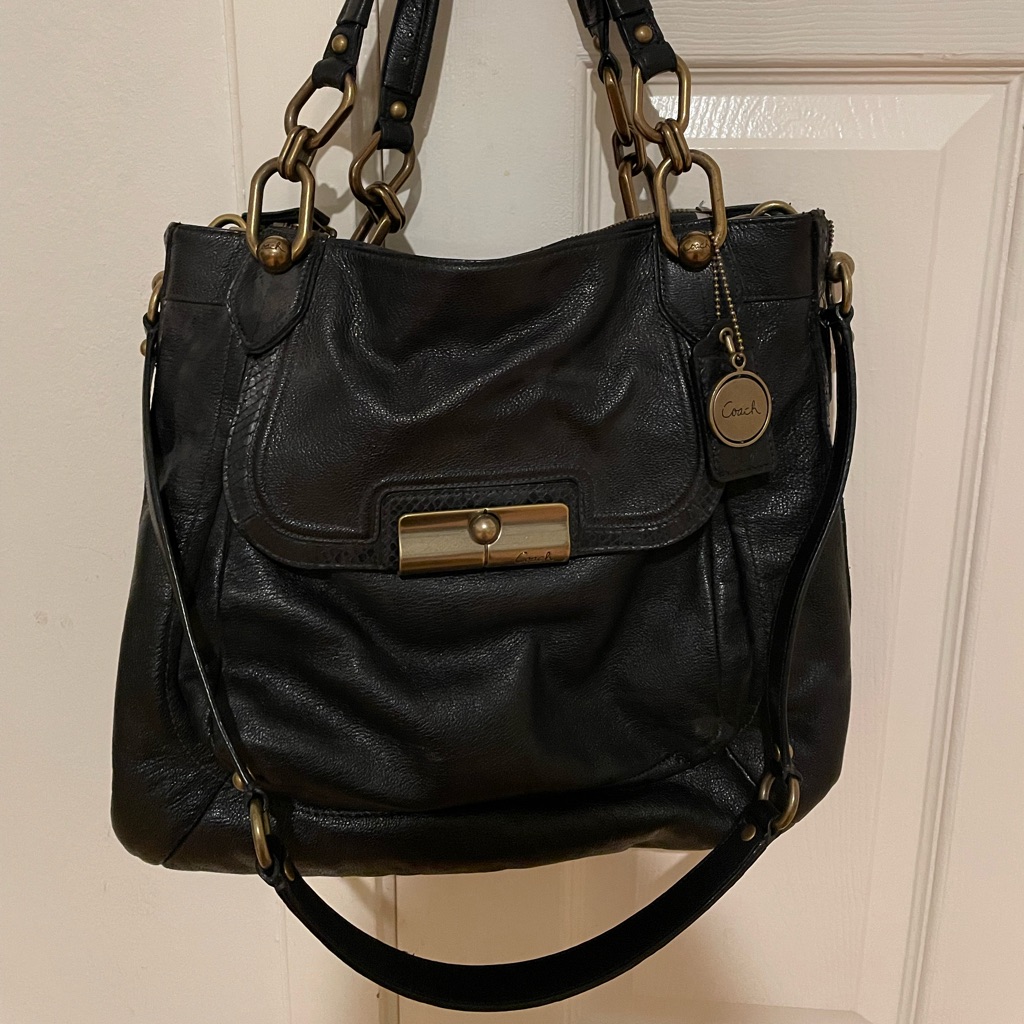 Limited Edition Coach Kristin Elevated Black Leather Satchel With Gold Accents.